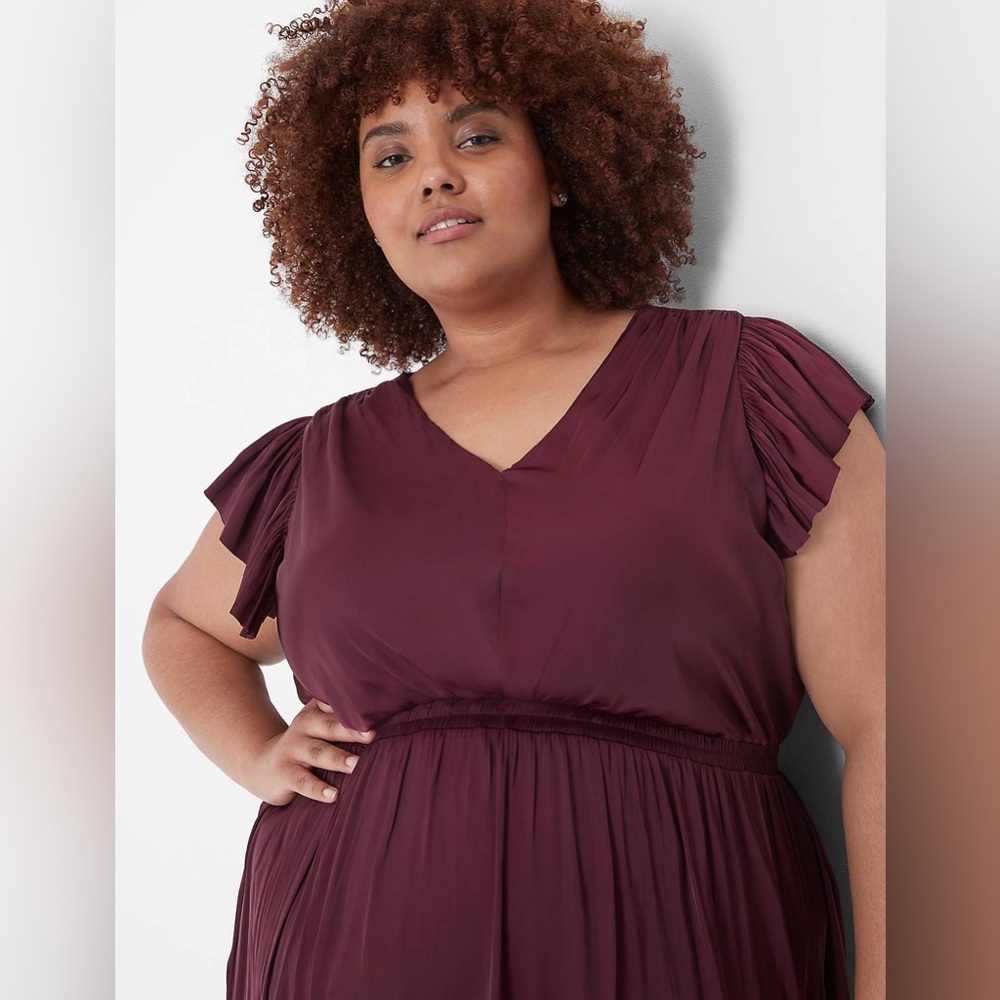 Lane Bryant Maroon Flutter -Sleeve Shirred Midi Dress - Picture 3 of 8